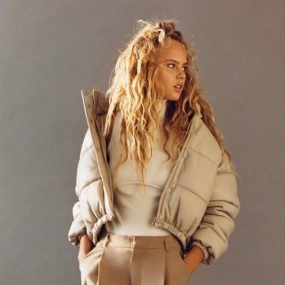 Zara beige faux leather puffer jacket